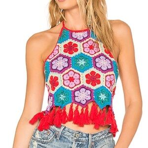 Show Me Your Mumu Dylan Crochet Halter Top with Fringe size Large